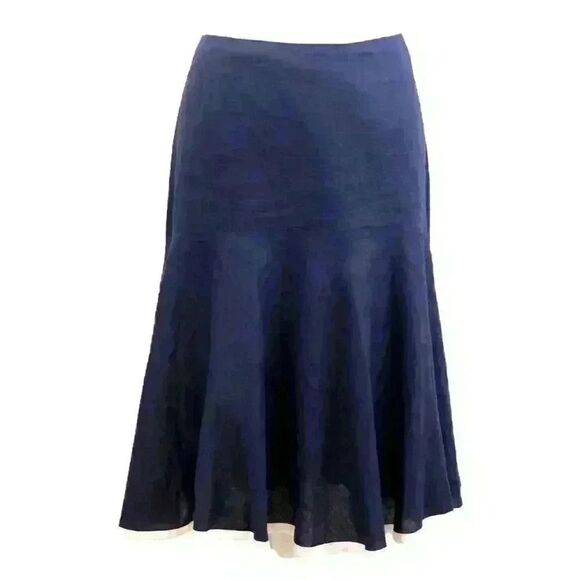 VINTAGE Ralph Lauren Navy Blue Linen Trumpet Skirt White Ribbon Hem Size 12 - Picture 1 of 6